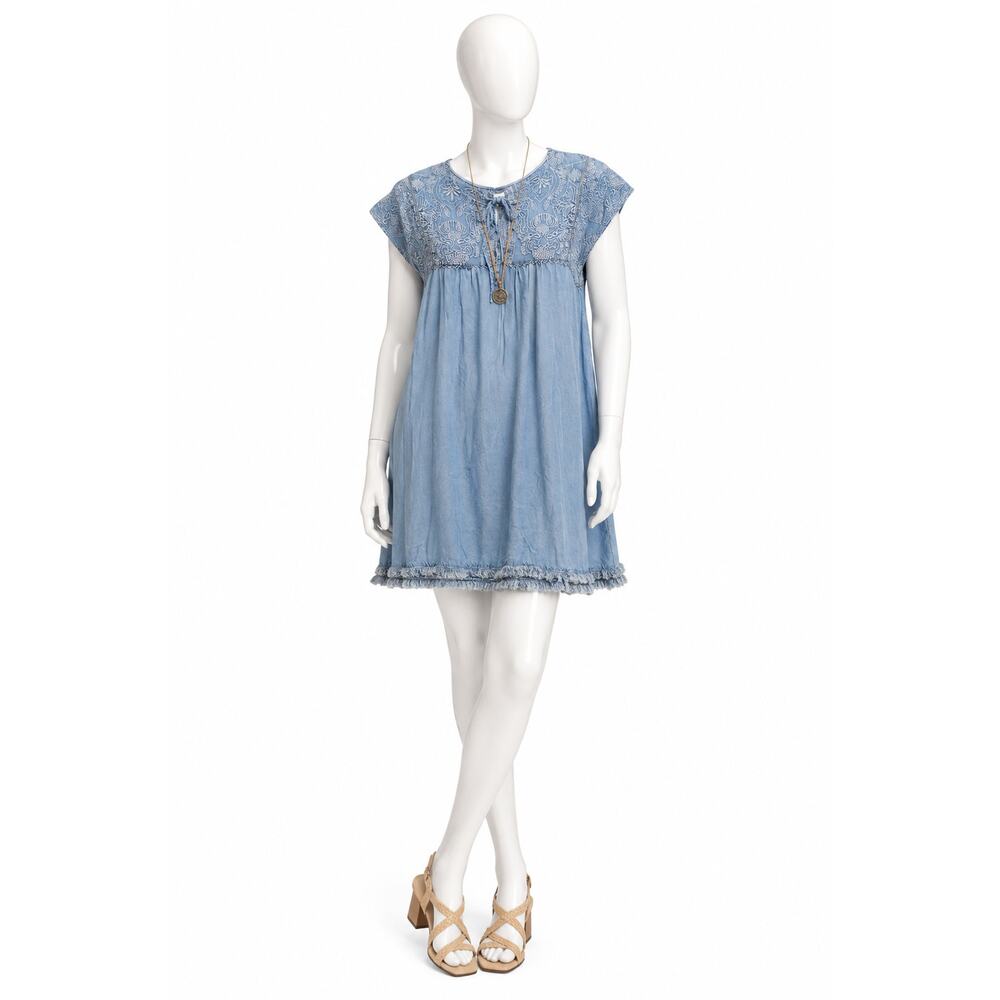 Sundance Embroidered Chambray Shift Dress Fringe Hem Boho Cottagecore Size S
